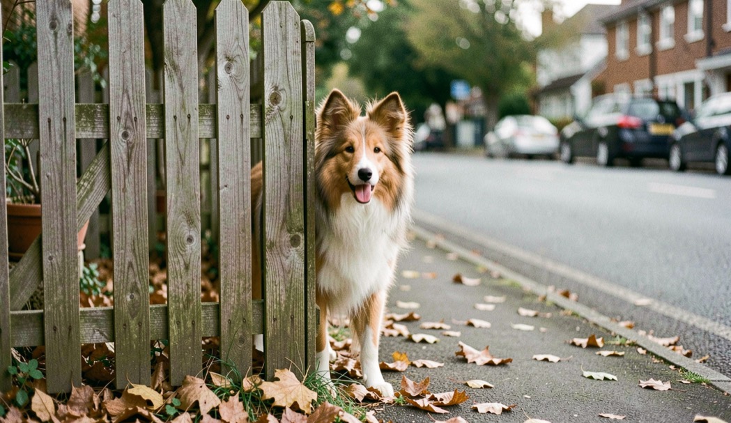 Collie staat achter een houten tuinhek met open bek naar de straat gericht, gevallen bladeren op de grond, laat daglicht