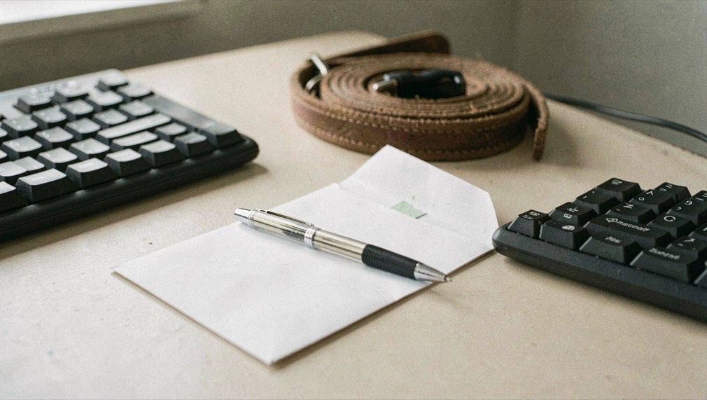 Witte envelop en een pen liggen op een licht bureau naast een toetsenbord, met op de achtergrond een opgerolde hondenriem