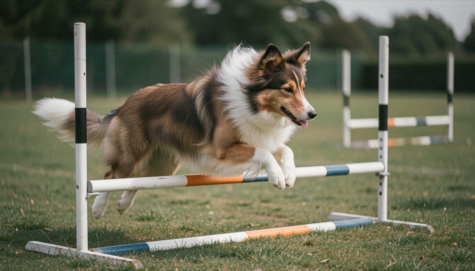 Collie springt over een hindernis op een grasveld voor behendigheid, oren plat, slalomstokken vaag op de achtergrond