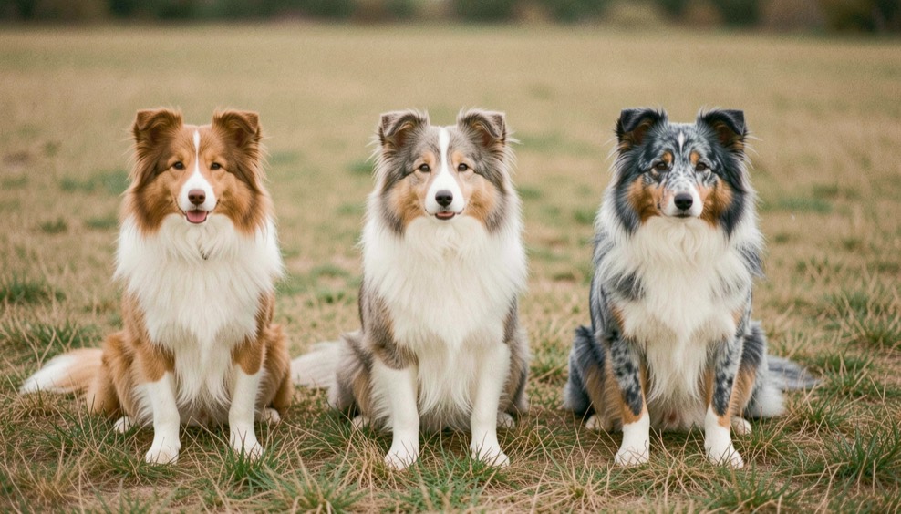 Drie collies met verschillende vachtkleuren zitten op een rij in kort gras, van goudzand via driekleurig tot blauw gemarmerd