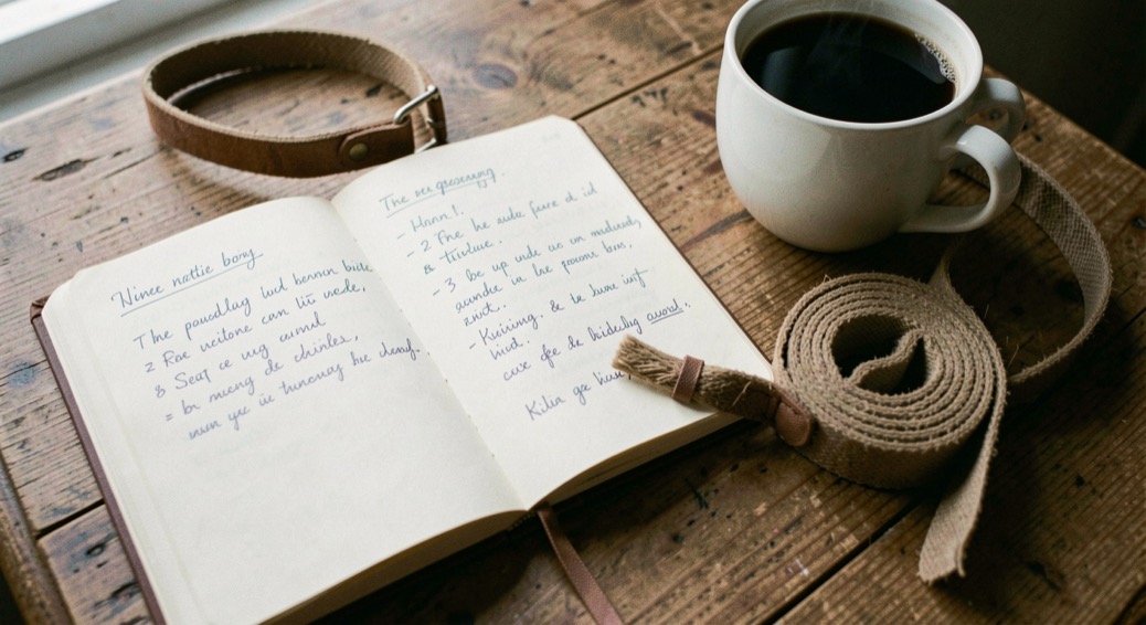 Opengeslagen notitieboek met handgeschreven aantekeningen op een tafel naast een opgerolde hondenriem en een kop koffie