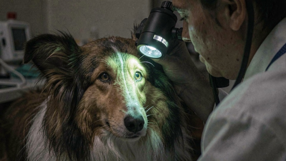 Een spleetlamp in een dierenartspraktijk, met een collie die door een assistent wordt vastgehouden tijdens een oogonderzoek, zacht daglicht uit een raam op de