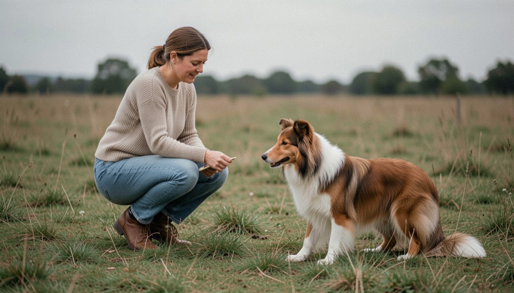 Gehurkte vrouw op een weiland biedt een beloning aan een oplettende collie, met een ontspannen lange lijn in het gras ernaast