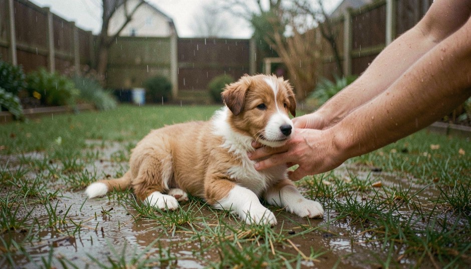 Twee handen zetten een pluizige collie pup van acht weken, goudbruin en wit met een witte borst en witte pootjes, neer op kort gras in een natte achtertuin, vroeg in de ochtend