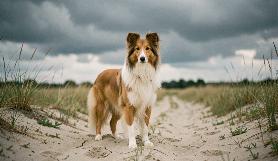 Een stille straat in een Nederlandse woonwijk bij laag middaglicht, waarin een aangelijnde hond met een muilkorf naast een lantaarnpaal staat, gefotografeerd op