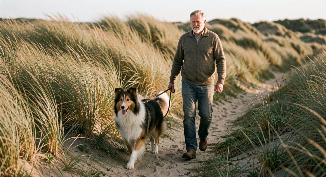 Collie loopt naast zijn baas over een duinpad langs hoog helmgras met een ontspannen lange lijn, in laat middaglicht