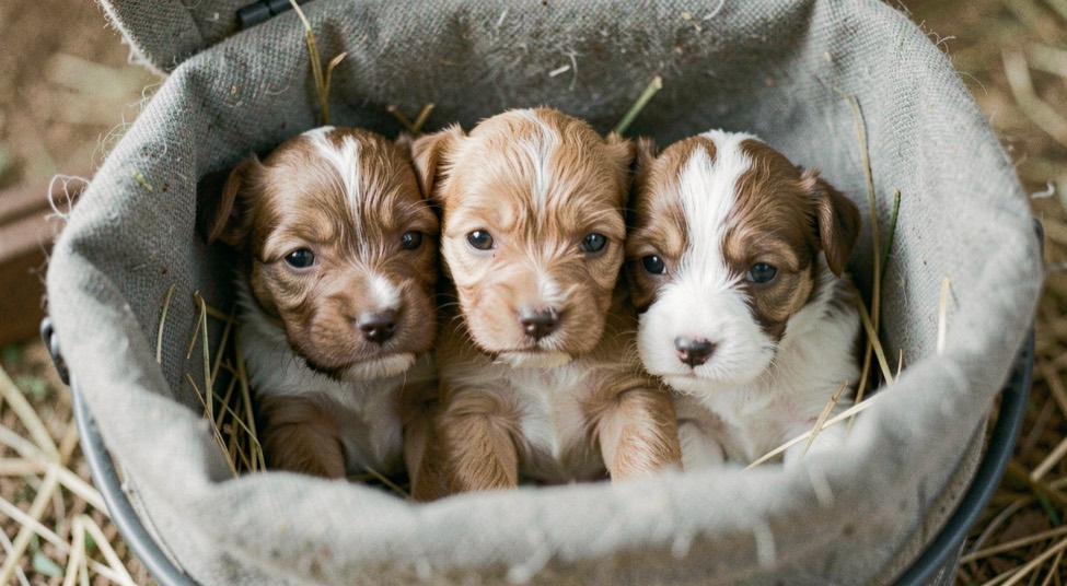 Drie herderpups van ongeveer drie weken oud liggen tegen elkaar in een met stof beklede werpkist, de oogjes net open